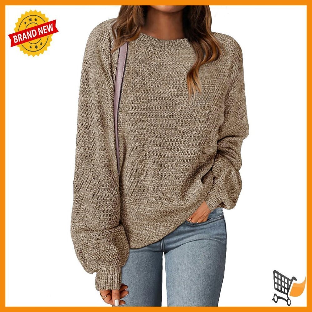 Oversized Pullover Sweater with Lantern Sleeves, Crew Neck, Loose Fit